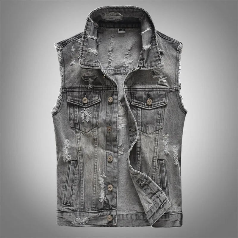 RNSHANGER Spring Casual Vintage Design Mens Denim Vest Retro Sleeveless Jacket Ripped Hole Button Jean Waistcoat