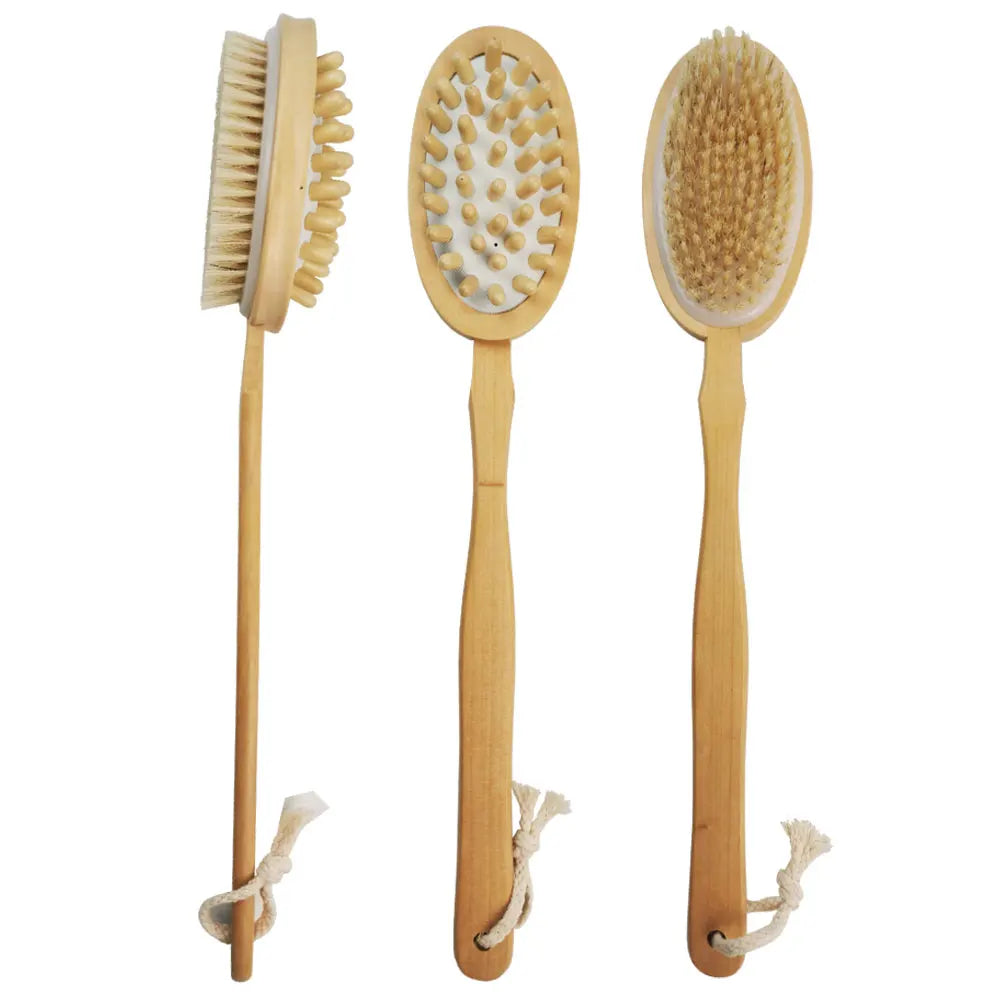 Beech Wood Long Handle Bath Body Brush Dry Brush Back Scrubber Skin Exfoliate and Massage Bath Dry Massage Brush