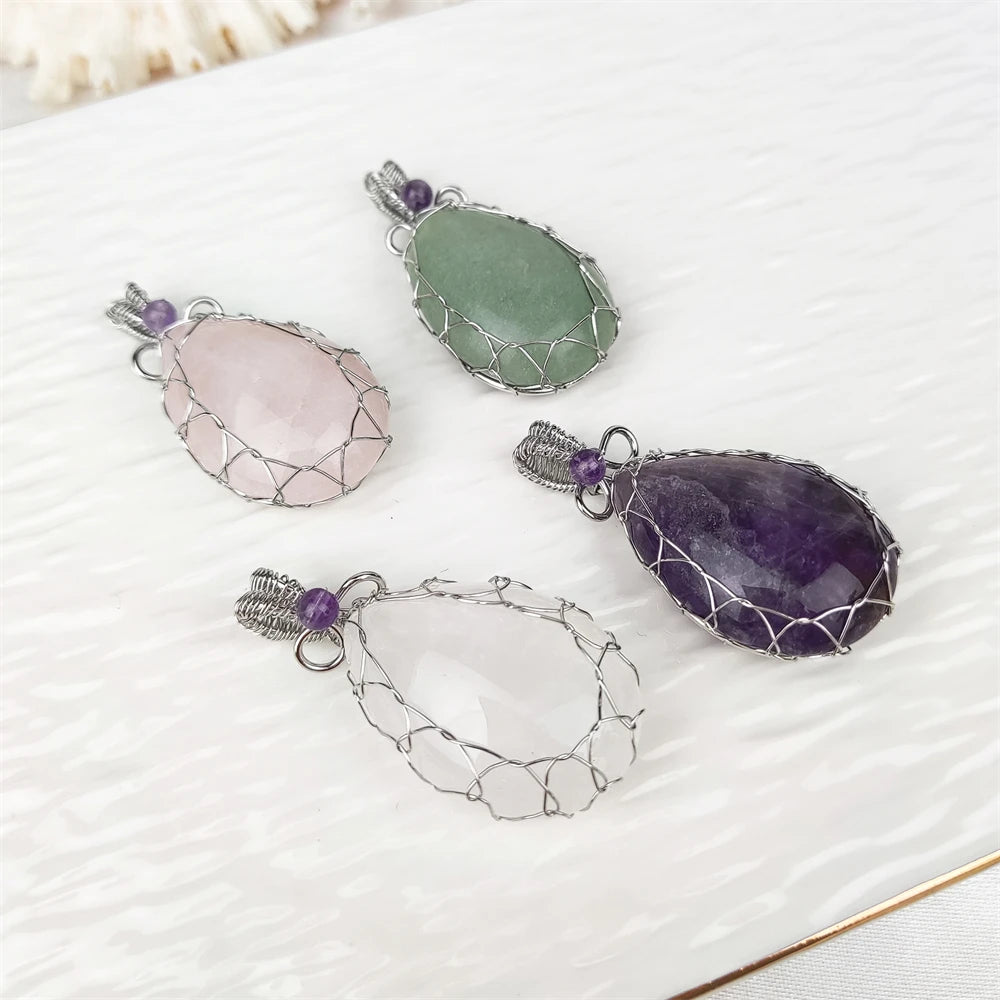 Wholesale Price Handmade Wire Wrapped Gemstone Pendant  Water Drop Shape Natural Stone Amethyst Rose Quartz Pendant for Necklace