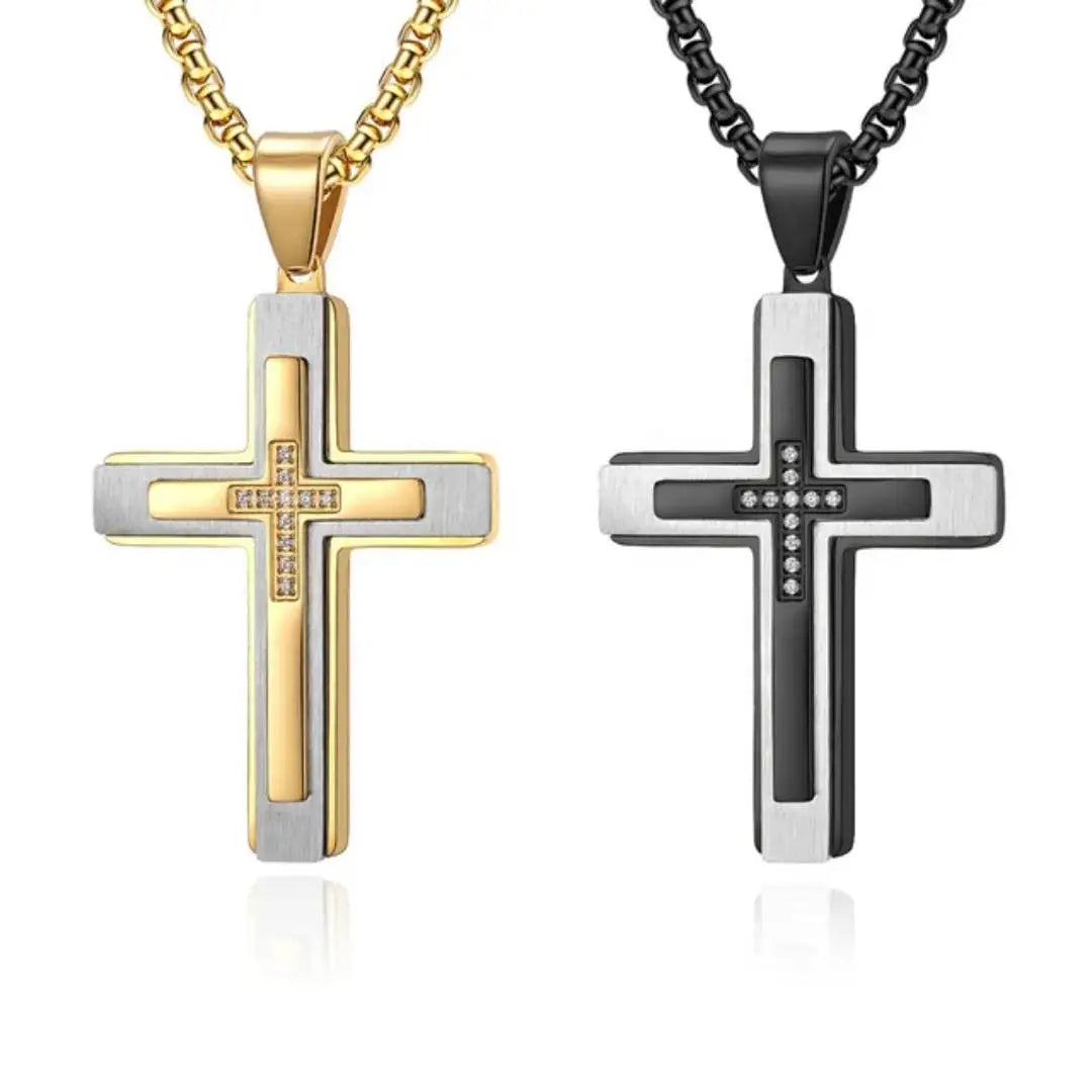 HOTWAY New Wholesale Multi-Layer Stainless Steel Inlaid Cubic Zirconia Cross Pendant Necklace Fashion Jewelry Gift for Men Women