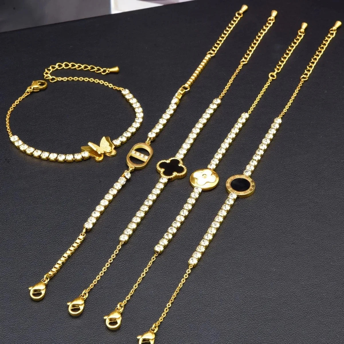 Titanium Steel Zircon Tennis Bracelets Gold Clover Butterfly Charm Bracelet for Women Girls Vintage Jewelry Party Christmas Gift