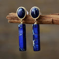 Gold Plated Empire Jasper Statement Geometric Elegant Stud Earrings Unique Royal Blue Natural Stones Costume Designer Jewelry