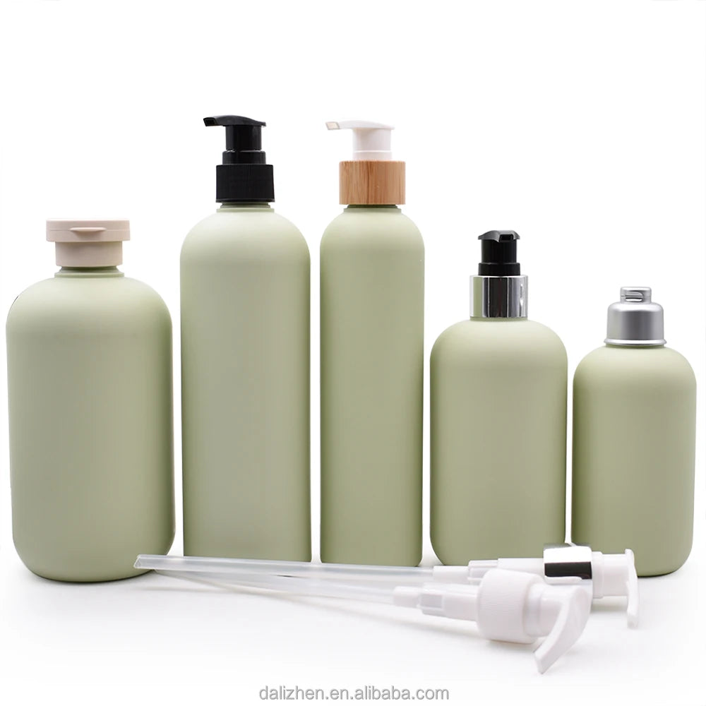 Eco Friendly Green Round Squeeze Custom Empty Recyclable HDPE Lotion Shampoo Conditioner Skin Care Serum Pump Sprayer Bottles