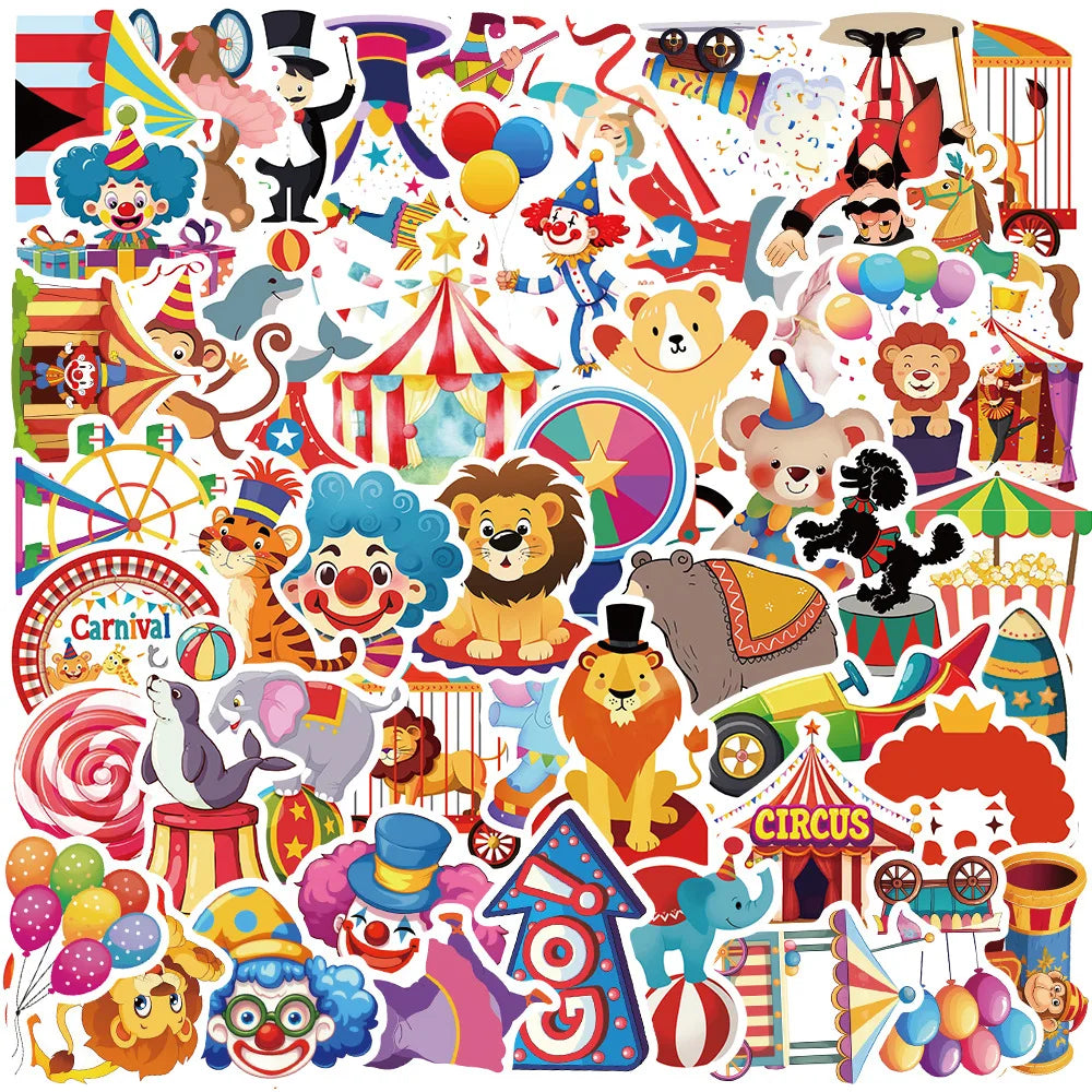 50 Pcs Interesting Carnival Circus PVC Waterproof Stickers for Refrigerator Laptop Water Bottle Helmet Skateboard and Books