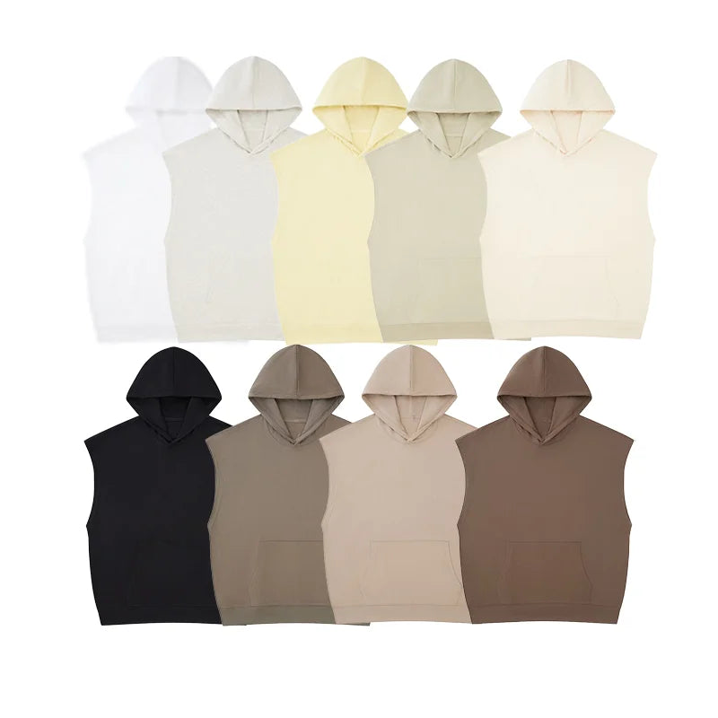 Fashion Design Custom logo Printed Loose Fit 100 Cotton Pullover Sleeveless Hooded Plain Blanket Men Hoodies
