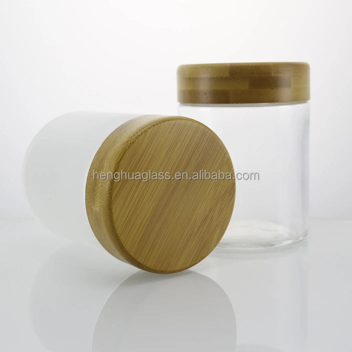 Clear Frosted 8oz Capsule Glass  Jar Candy Food Storage Pill Jar with Bamboo Wood Child Proof Lid Wholesale