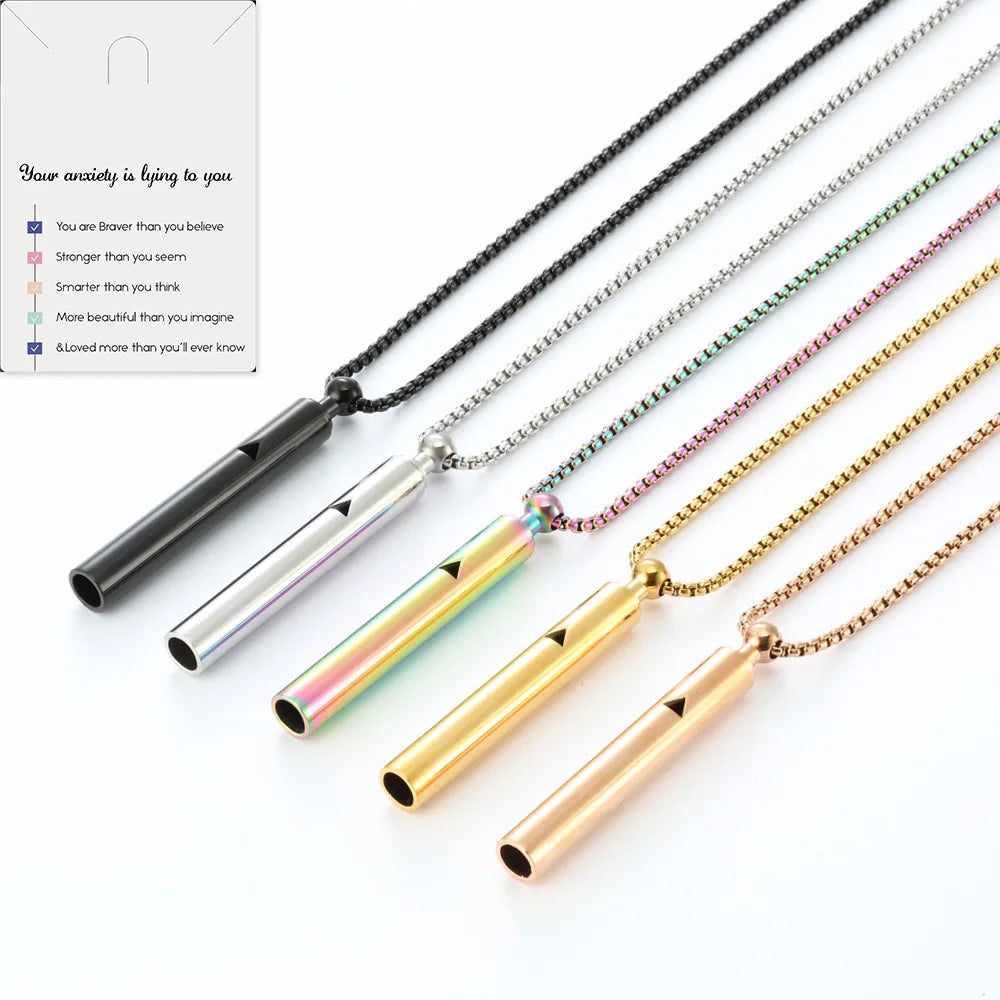 Fashion Jewelry Breathing Necklace Stainless Steel Mindful Relief Breathing Anxiety Whistle Necklace With Card