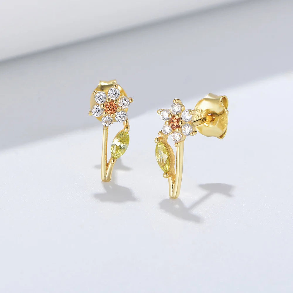 Dainty Flower Stud Earrings 925 Sterling Silver Colorful Cubic Zirconia Jewelry for Women and Girls Gift