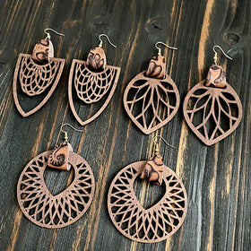 BINSHUO Bohemia Wooden Earrings Wholesale Jewelry Retro Hollow Mandala Women Wooden Pendant Pattern Genuine Leather Earrings