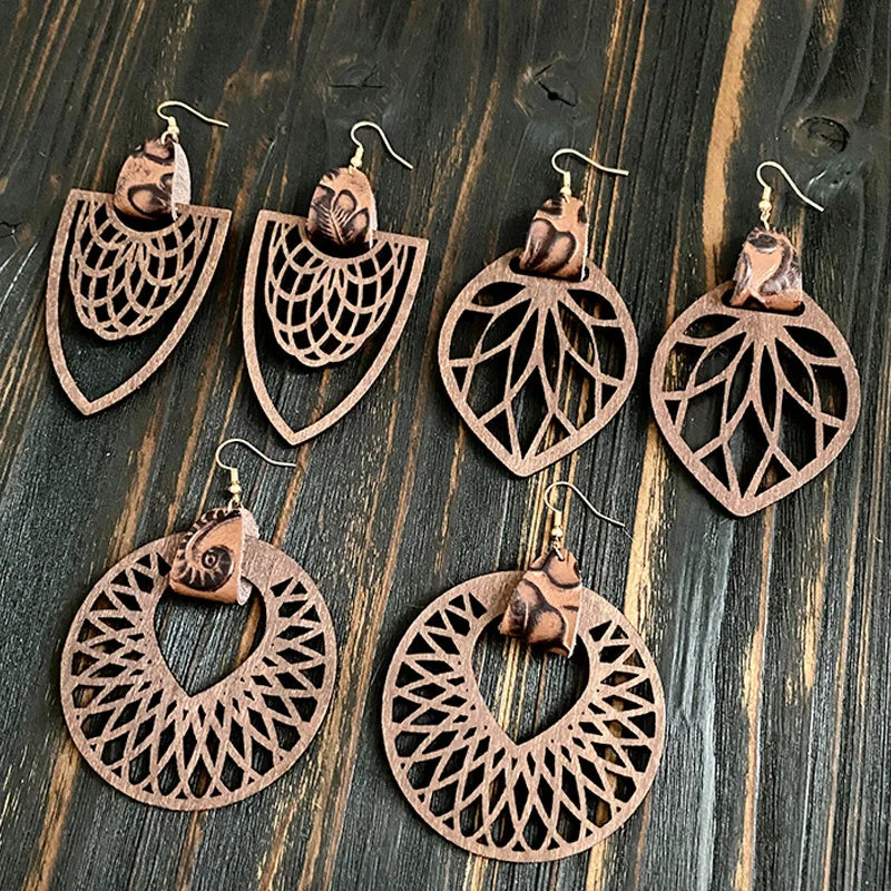 BINSHUO Bohemia Wooden Earrings Wholesale Jewelry Retro Hollow Mandala Women Wooden Pendant Pattern Genuine Leather Earrings