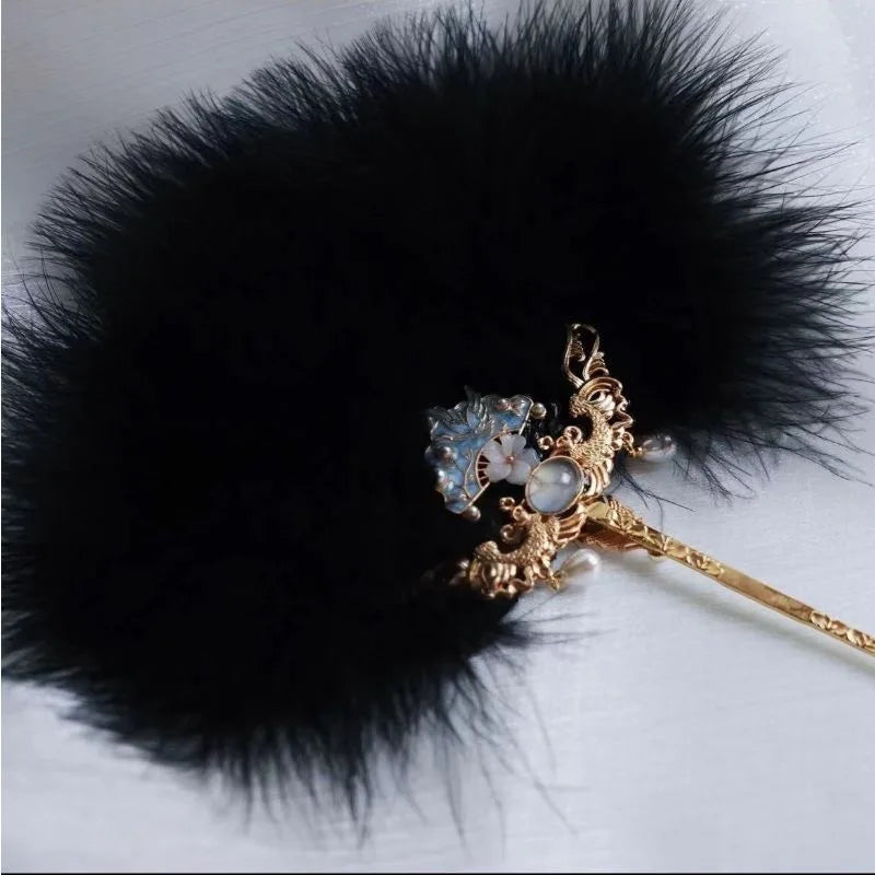 Black and White Metal Feather Fan for Bridal Costume Festive Dance and Tea Party Wedding Apparel