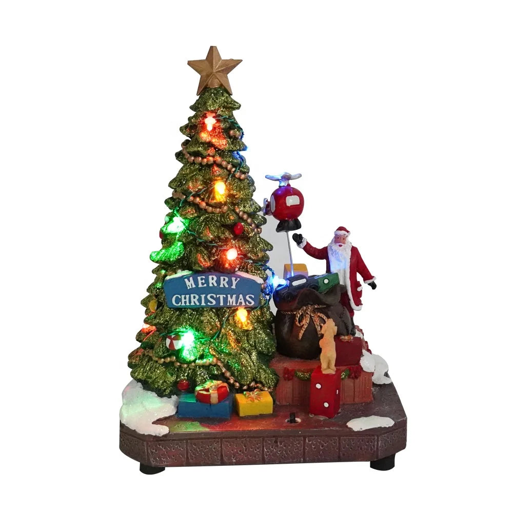 Wholesale Xmas Tree Santa Scene Multifunctional Animated LED Musical Resin Christmas Village Battery Operated Living Room