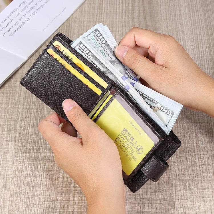2025 Vintage Brand Design RFID Men's Genuine Leather Bifold Card Holder Custom Logo Slim Wallet Polyester Lining Short Length