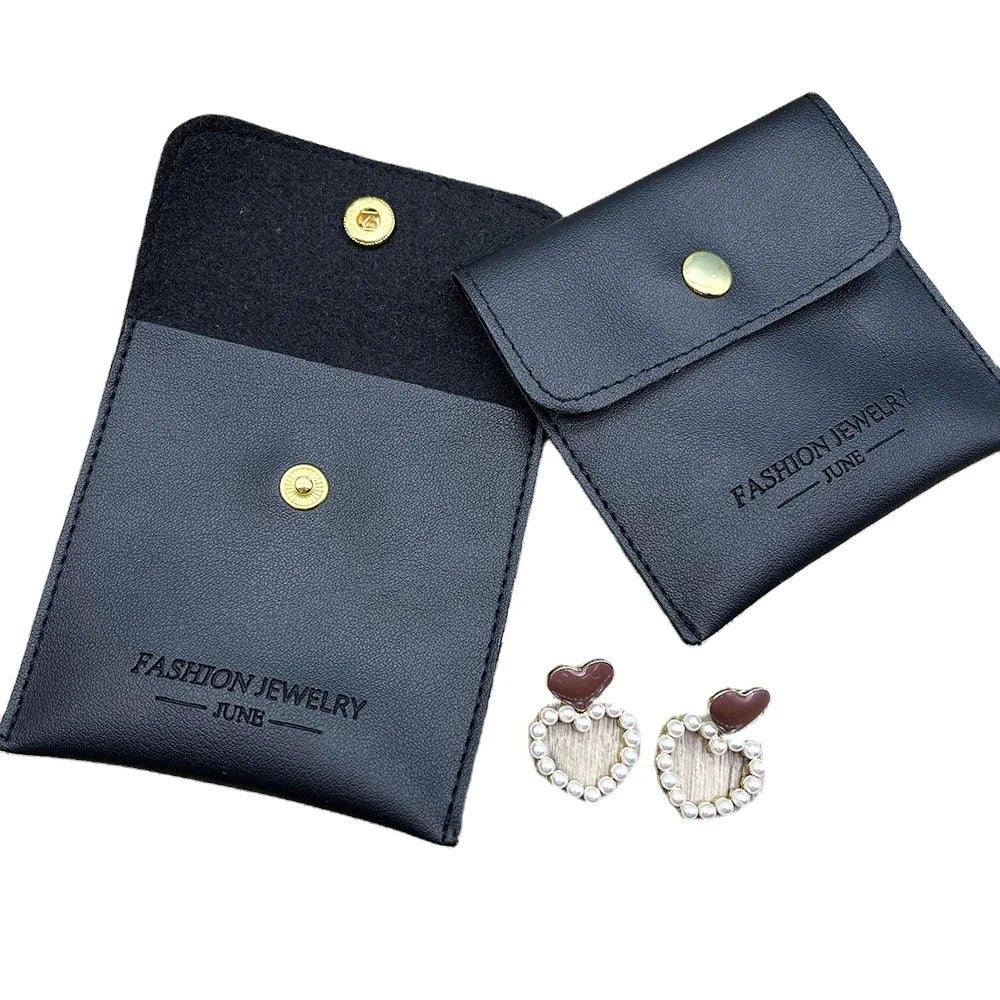 Flap Black Packaging Jewelry Box and Leather Pouch Custom Logo  Custom Jewelry Pouch with logo