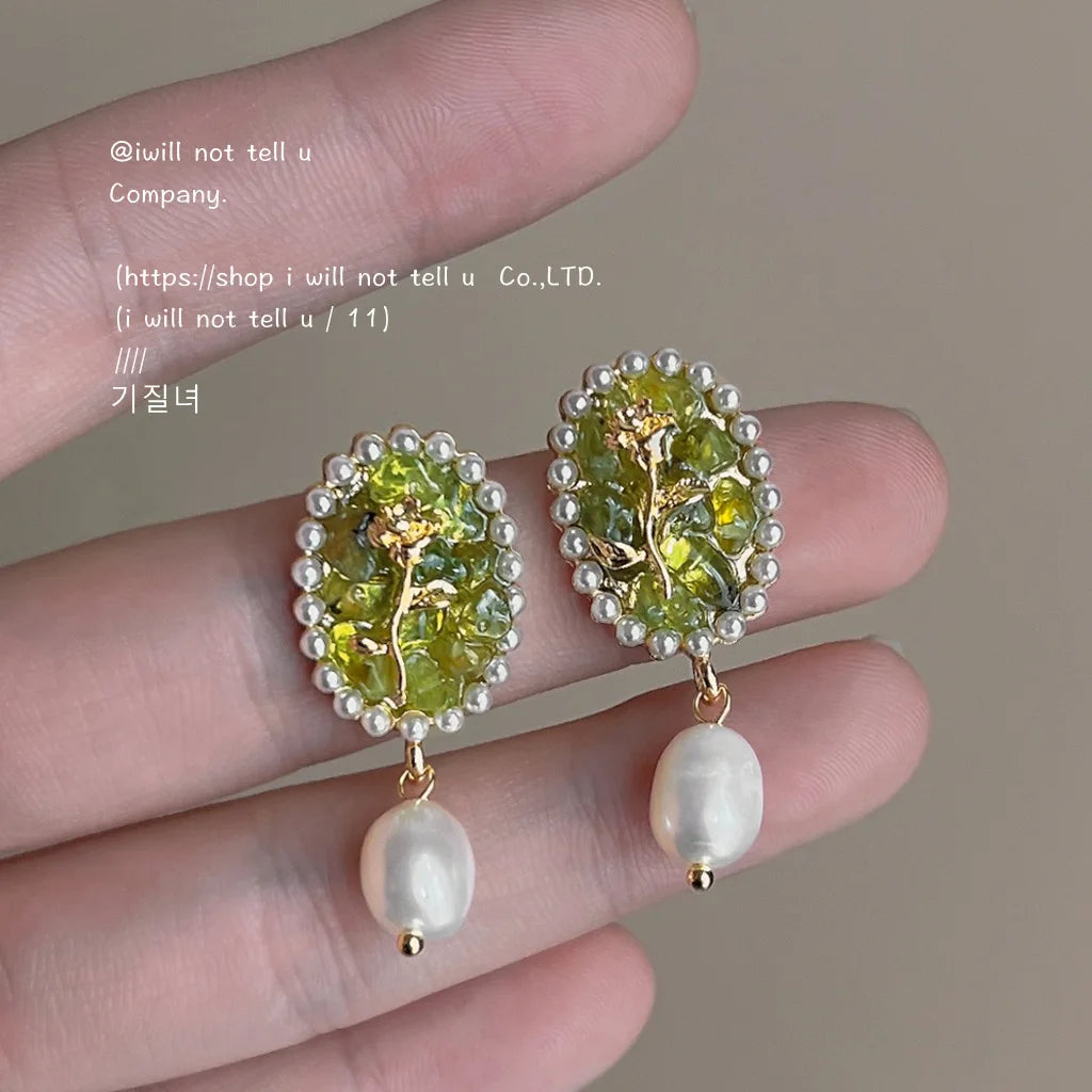 14K Handmade Earrings 925 Silver Needle Plated Green Olivine Natural Freshwater Pearls Vintage Butterfly Creative Factory