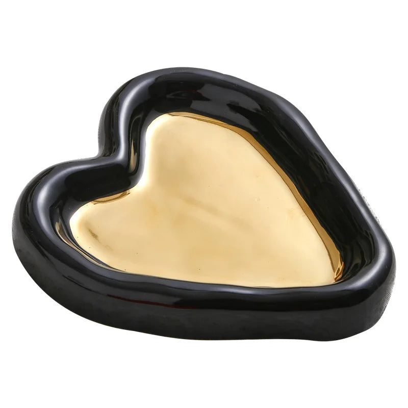 Nordic Style Ceramic Jewelry Storage Tray Golden Edge Heart Shaped Display Dish for Earrings Necklaces for Home Kitchen Bathroom