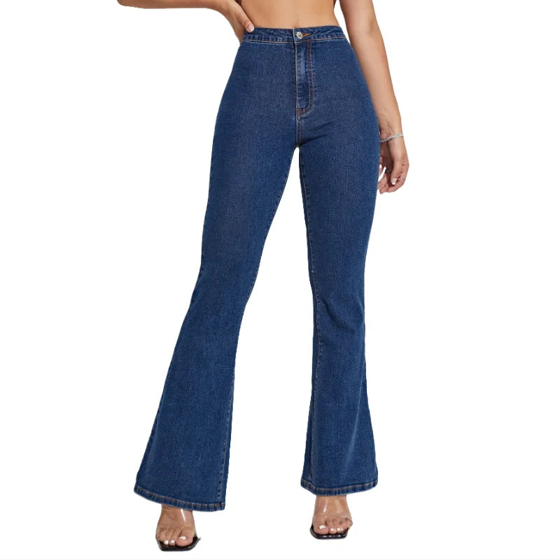 High-Waisted Women's Flared Jeans Pants Casual Lady's Stretch Denim with Woven Weave Washable and Simple Fashion Pour Femmes