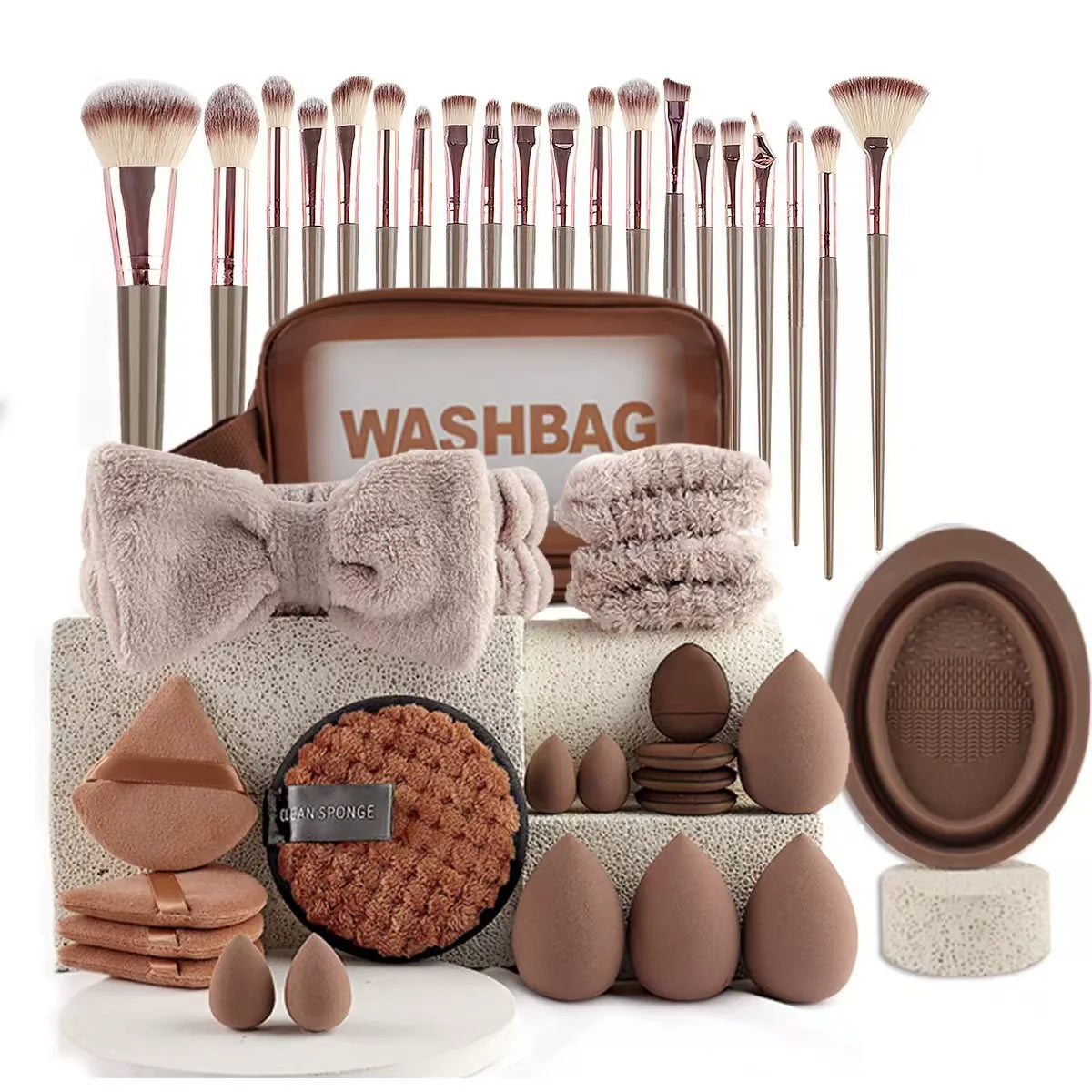 Hot Sale 42-Piece Synthetic Hair Plastic Handle Makeup Brush Set Triangle Powder Puff Water Drop Sponge Egg for Ladies Makeup