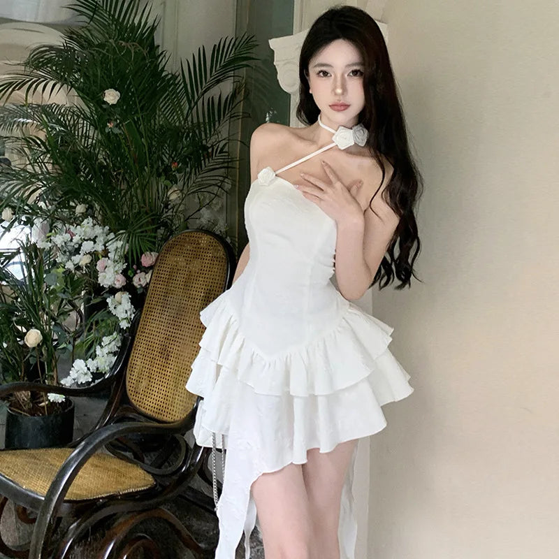 Fashionable Elegant Halter Casual Mini Fashionable Cute Pleated Fluffy Summer Women Dress