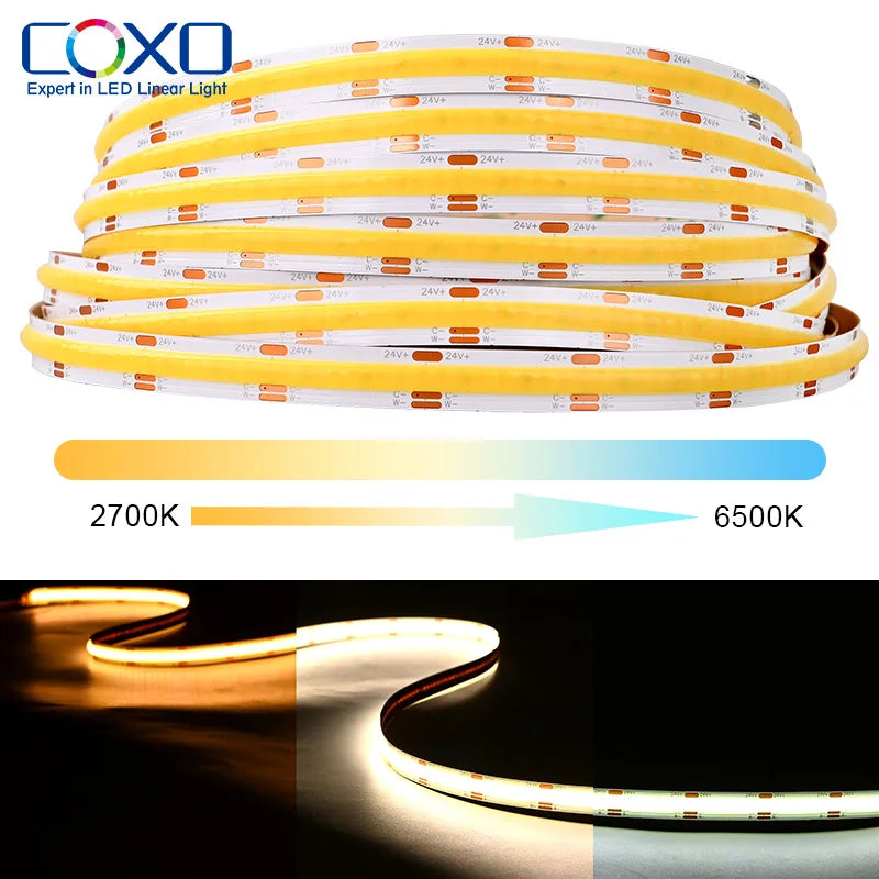 COXO CCT Cob Led Strip Light Dimmable Three Colour Flexible Ce Rohs Cct Cob Led Strip