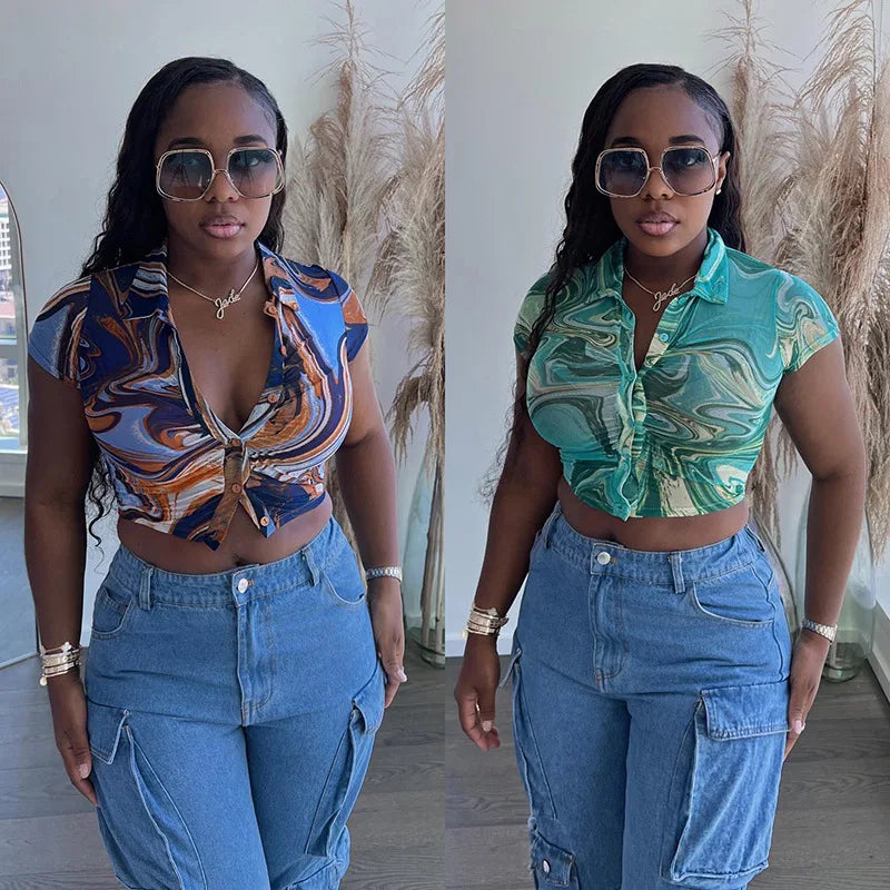 INS Y2K Street Women Fashion Summer Short Sleeve Shirt All Over Print Mesh Button Polo T-Shirts