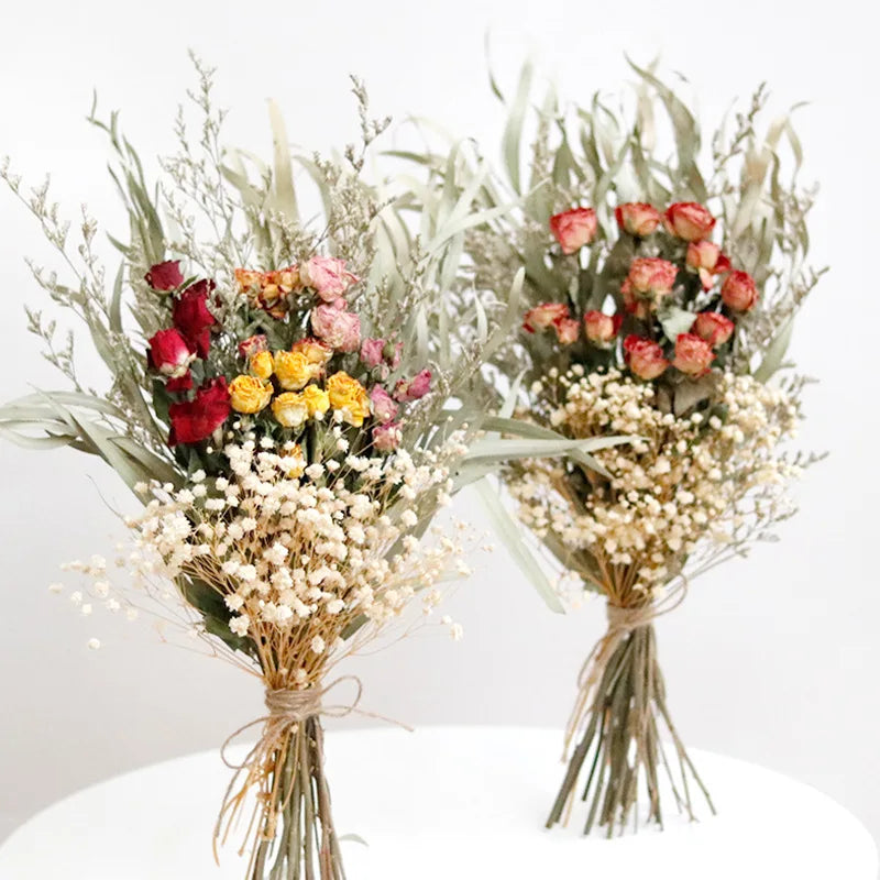 D70 100% Natural Flowers Rose and Babys Breath for Decoration Mixed Dried Spray Rose Flower Bouquets