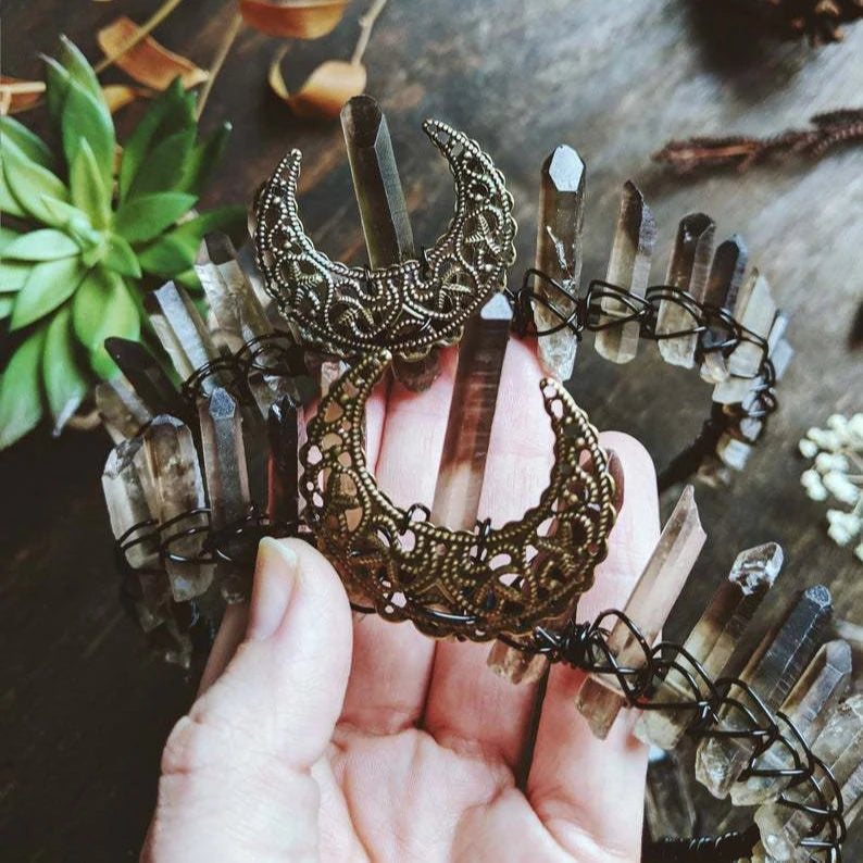 DIY Quick to Ship Colorful Green Moon Wicca Wizard Crown Hairband Gray Hairband Crystal Comb Brides Hair Combs