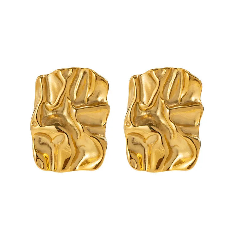 SP Vintage Jewelry Irregular Geometric Stainless Steel Pleated 18K Gold Plated Stud Earrings