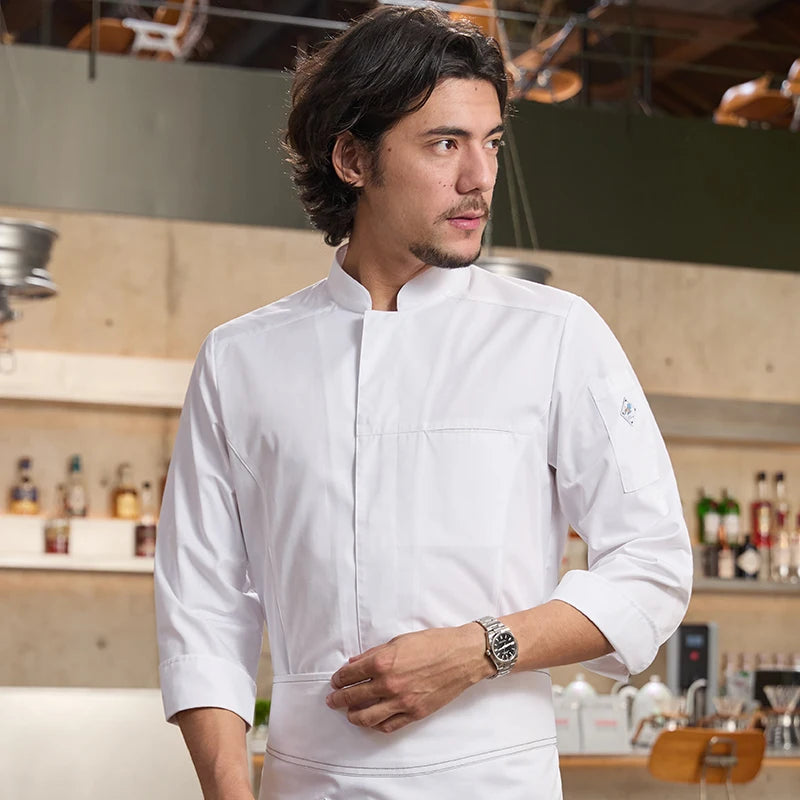 Tesimei OEM High-End Men's Summer Chef Work Clothes New Style Long Sleeve Western Kitchen Uniform Restaurant Bar White Custom