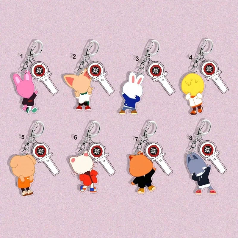 Kpop StrayKids 2PCS/SET Stainless Steel Acrylic Cartoon Keychains Lightstick Keyrings Bag Pendants HyunJin Felix Bangchan Fans