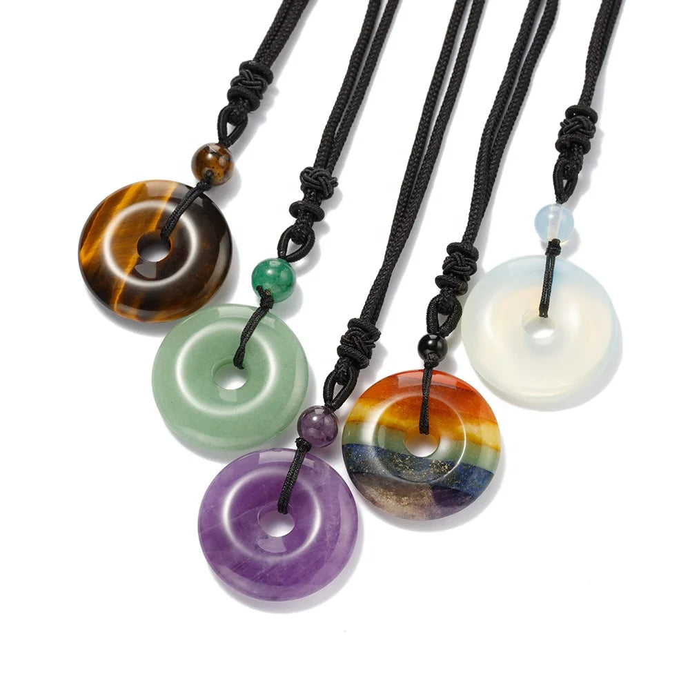 30mm Circle Donut Healing Crystal Necklace Chakra Gemstone Amulet Coin Charm Necklace Natural Reiki Pendant Long Chain Necklace
