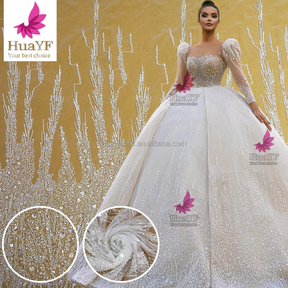 HY1970-1 Top Quality Hot Sale Beaded Sequins Lace African Wedding Bridal Lace Dress Fabric