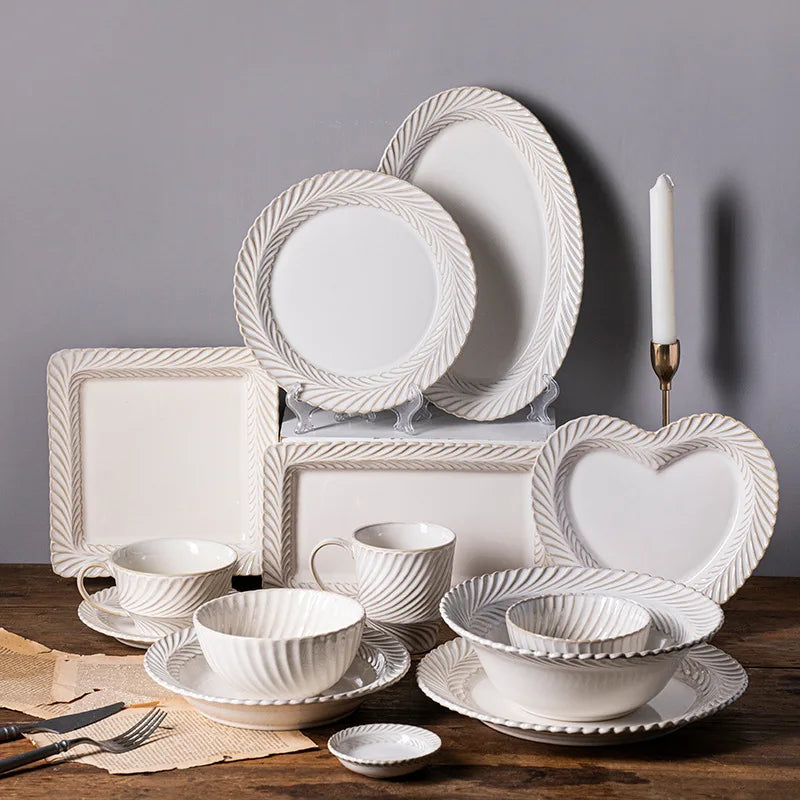 Kiln Retro Cream Dinnerware Dishwasher Safe Soup Bowl Deep Plate Coffee Cup Ceramic Embossed Wheat Straw Texture Tableware Set