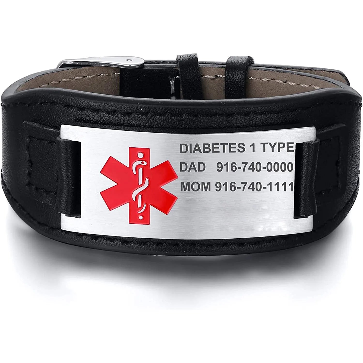 Personalized Custom Medical Alert ID Bracelet for Men Leather Stainless Steel Emergency ICE Jewelry