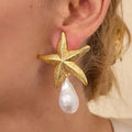 2025 New Arrival Fashion Jewelry Trendy Retro Unique Design Alloy 18K Gold Plated Earring Simple Starfish Pearl Pendant Earrings