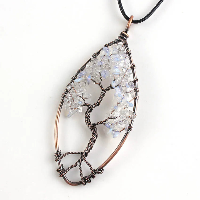 HY Natural Amethyst Reiki Chakra Tree of Life Opalite Wire Wrapped Healing Crystal Pendant Necklace Folk Crafts