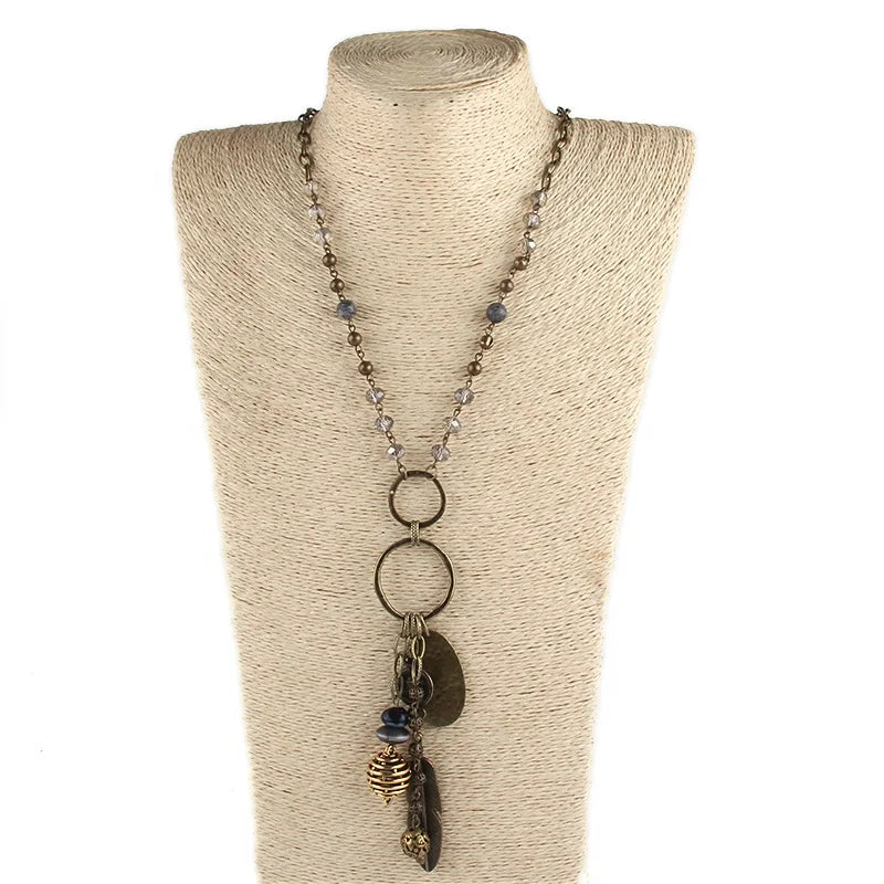 Fashion Bohemian Jewelry Alloy Teapot Leaf Crustal Glass Beaded Rosary Chain and Charm Metal Pendant Necklaces