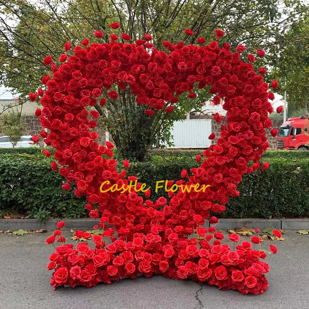 Red Heart Shape Flower Arch With Stand Artificial Rose Flower Backdrop Wedding Stage Decoration Heart Flower Arch