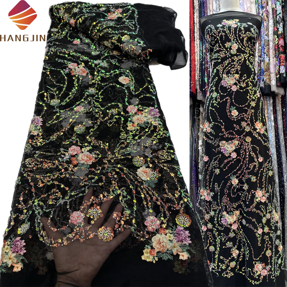 Black Luxury Mesh Sequin 3D Floral Embroidery Lace Fabric Couture French Embroidered Tulle Beading Lace Fabric for Party Dress