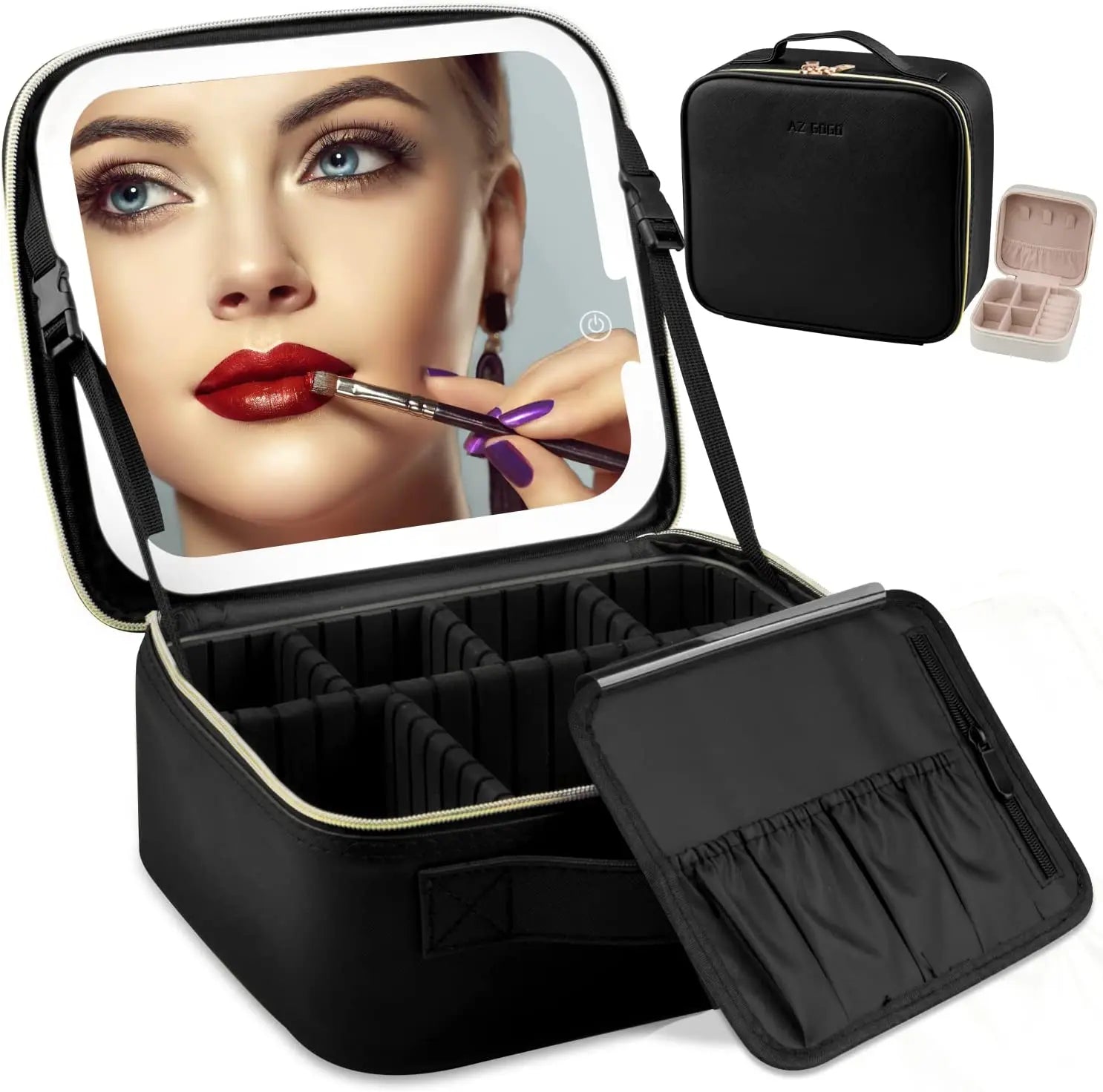 Fashionable PU Travel Makeup Train Case with Lighted Mirror Portable Cosmetic Bag 3 Color Brightness Waterproof