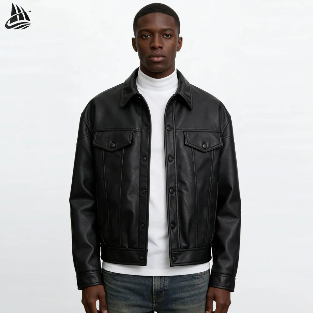Custom Shirt Collar Dragon Printing Utility Trucker Leather Jacket for Men