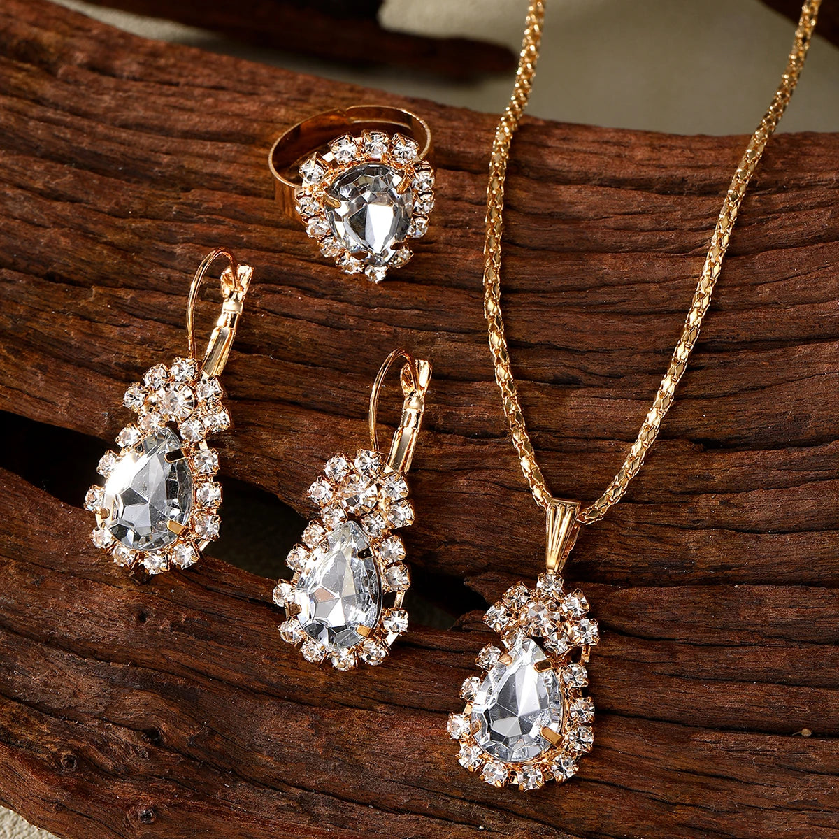 3Pcs/Set Vintage Style White Zircon Water Drop Design Ring Earring Necklace Jewelry Set for Women Jewelry Wholesale