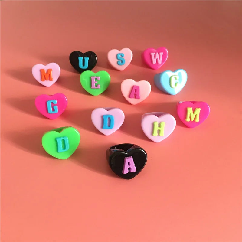 Colorful Acrylic Initial Heart Ring Resin Friendship Letter Rings Women DIY Stackable Jewelry