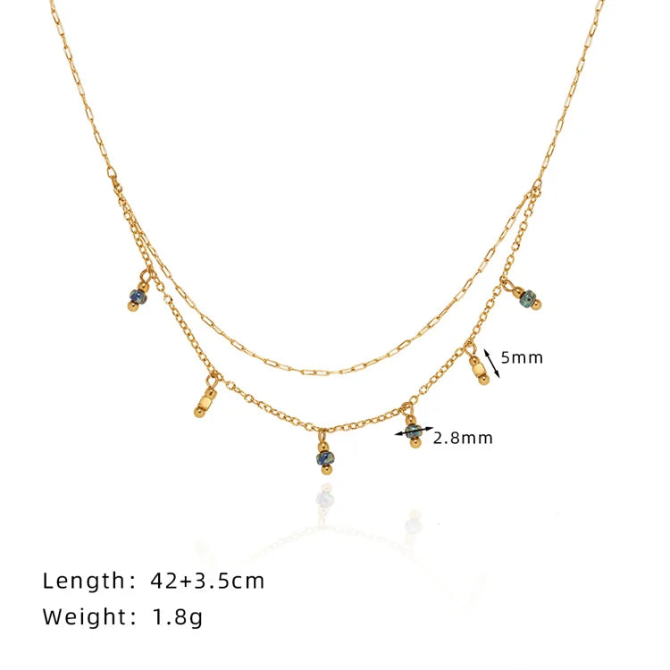 Vintage Luxury Jewelry Necklace Gold Plated Stainless Steel Blue Bead Charms Layer Chain Necklaces