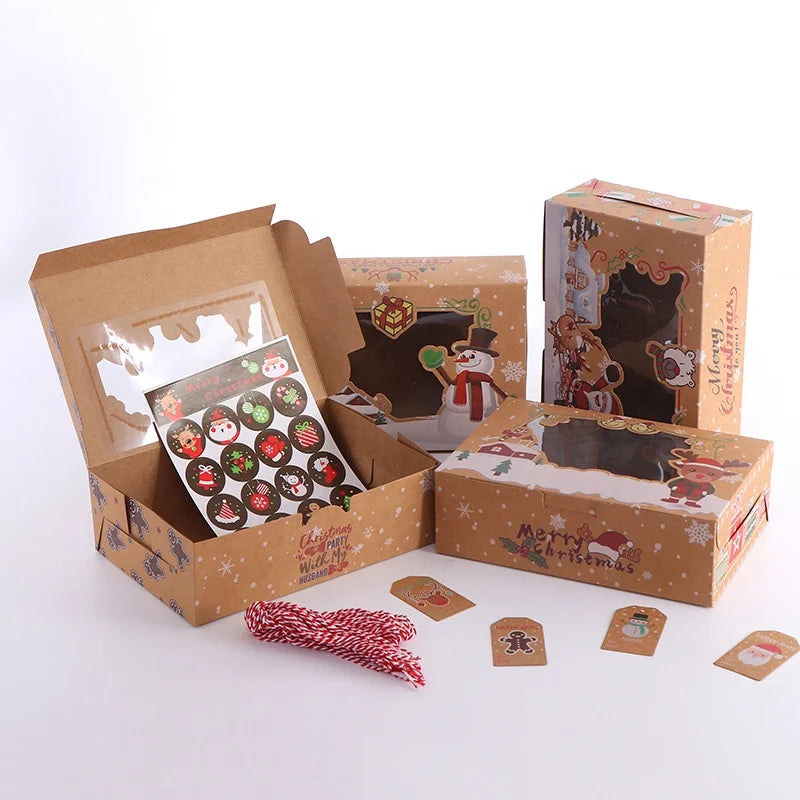 Christmas Gift Box 1 Set of 4 Types Pattern Printed Dessert  Packaging Kraft Paper Takeout Packaging Box With Transparent Window