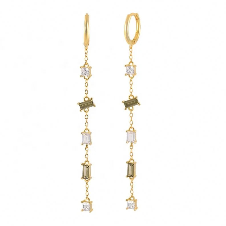 925 Sterling Silver Fine Jewelry Earrings Long Tassel Chain Colored Zircon Gold Plated Hoop Earrings for Women