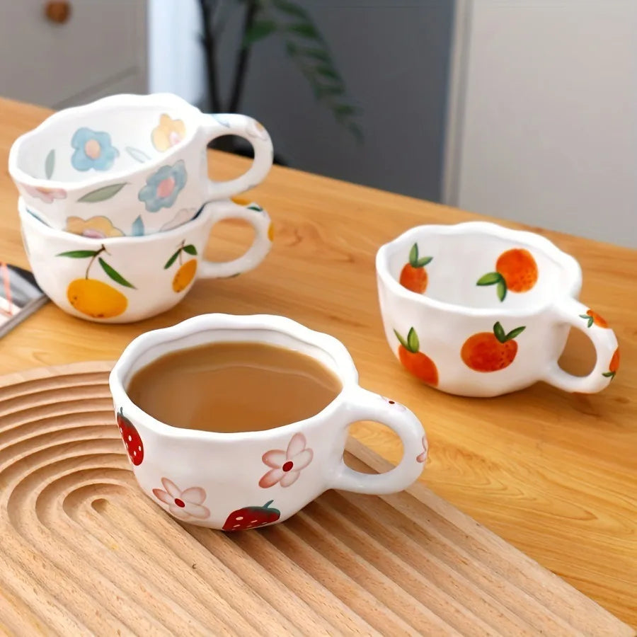 MSH 300ml Hand Pinched Korean Style Fruit Flower Ceramic Coffee Mug for Office Gift