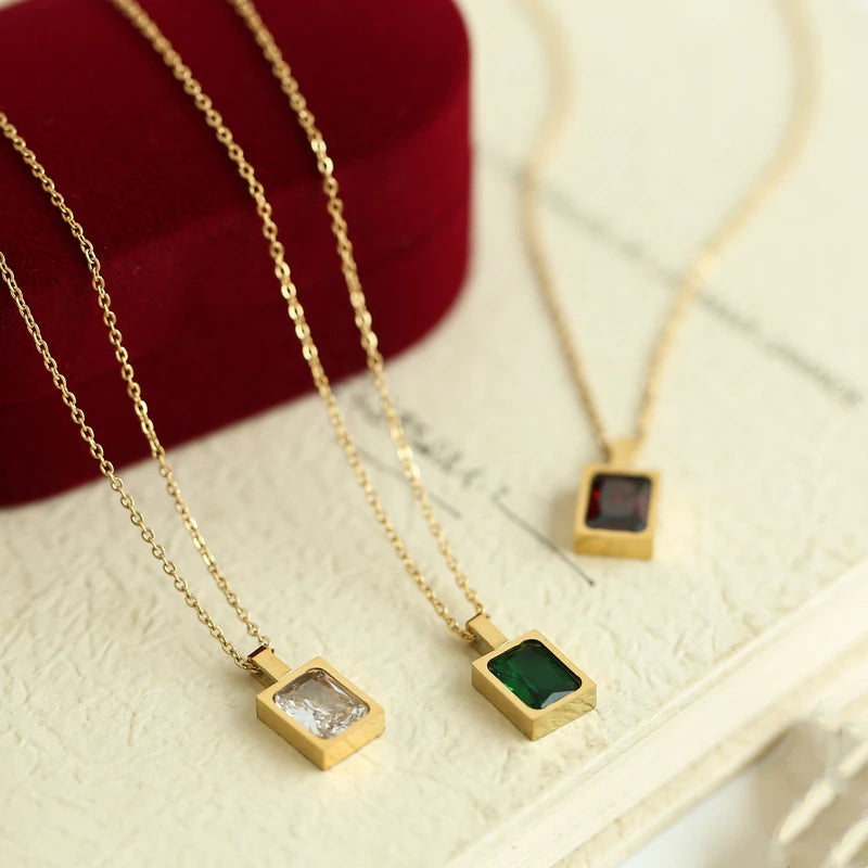 INS Simple 316L Stainless Steel Clear Zircon Clear Red Green Diamond Rectangle Pendant Necklace