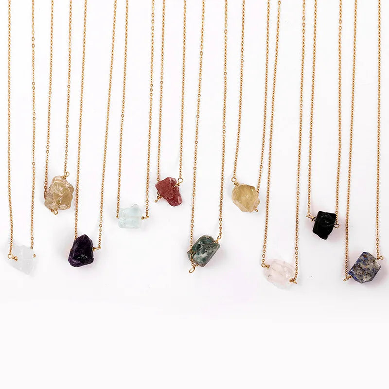 New Natural Crystal Pendant Necklace 18k Gold Plated Irregular Stainless Steel Natural Gravel Stone Necklace
