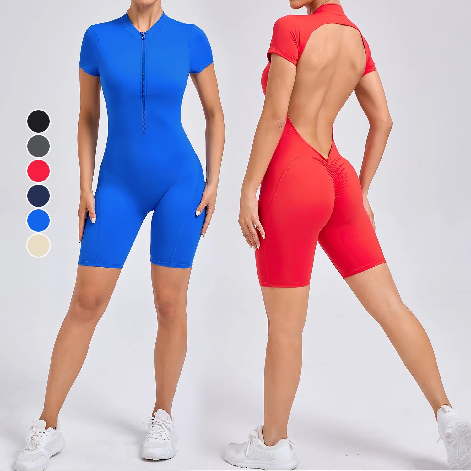 New Backless Zipper Woman Gym Yoga Bodysuit Quick Drying Short-Sleeved Breathable Sports Fitness Workout Jumpsuit for Women